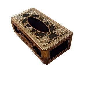 Vintage gold baklight plastic and black velvet tissue box cover